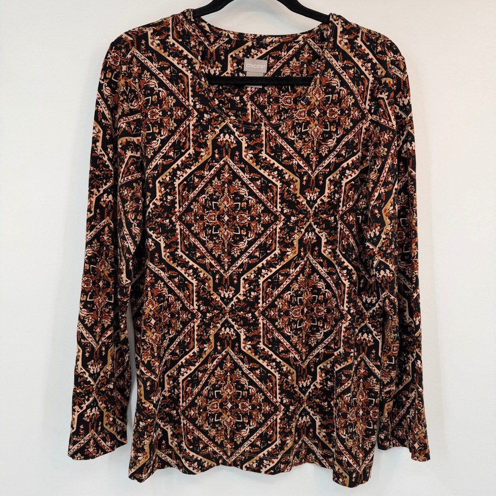 Chicos Long‎ Sleeve Medallion Print Top Black Rust Geometric Size 2 Large Boho